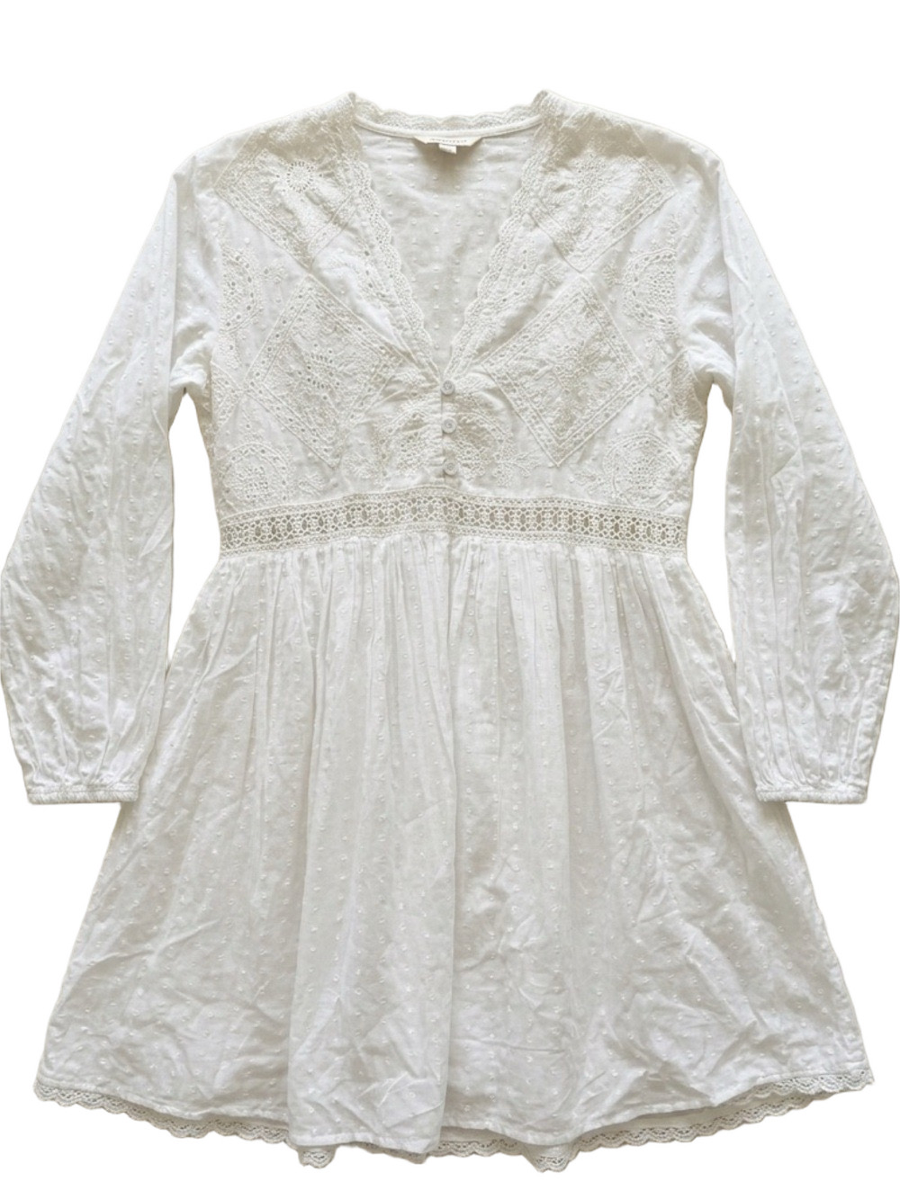 Zara White Swiss Dot Embroidered Babydoll Mini Dress Medium